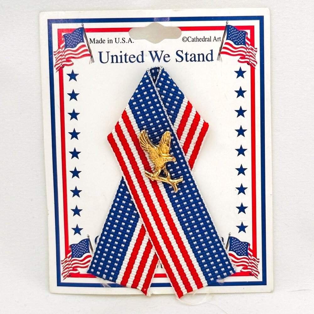 Vintage Patriotic Ribbon Pin w/Gold Tone Eagle On American Flag